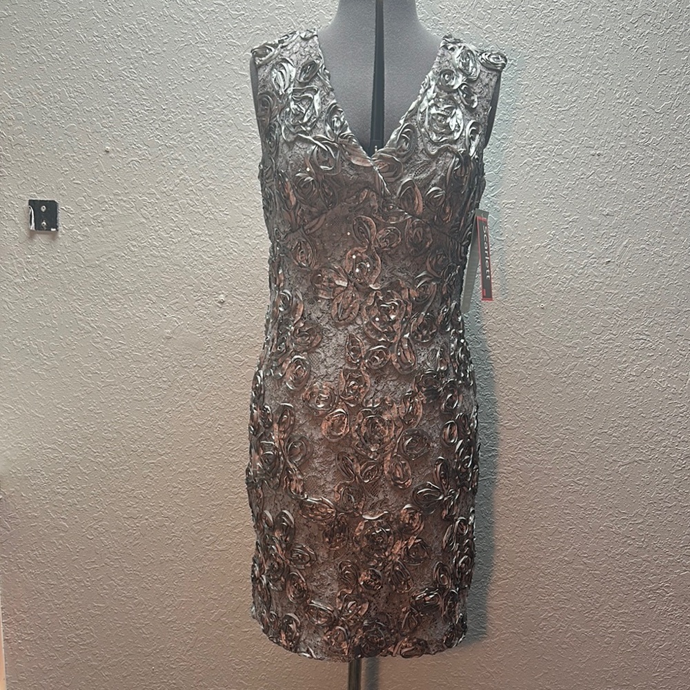 Scarlett Elegant Ribbon Roses Sequins Lace Textured Dress Grey 12 NWT